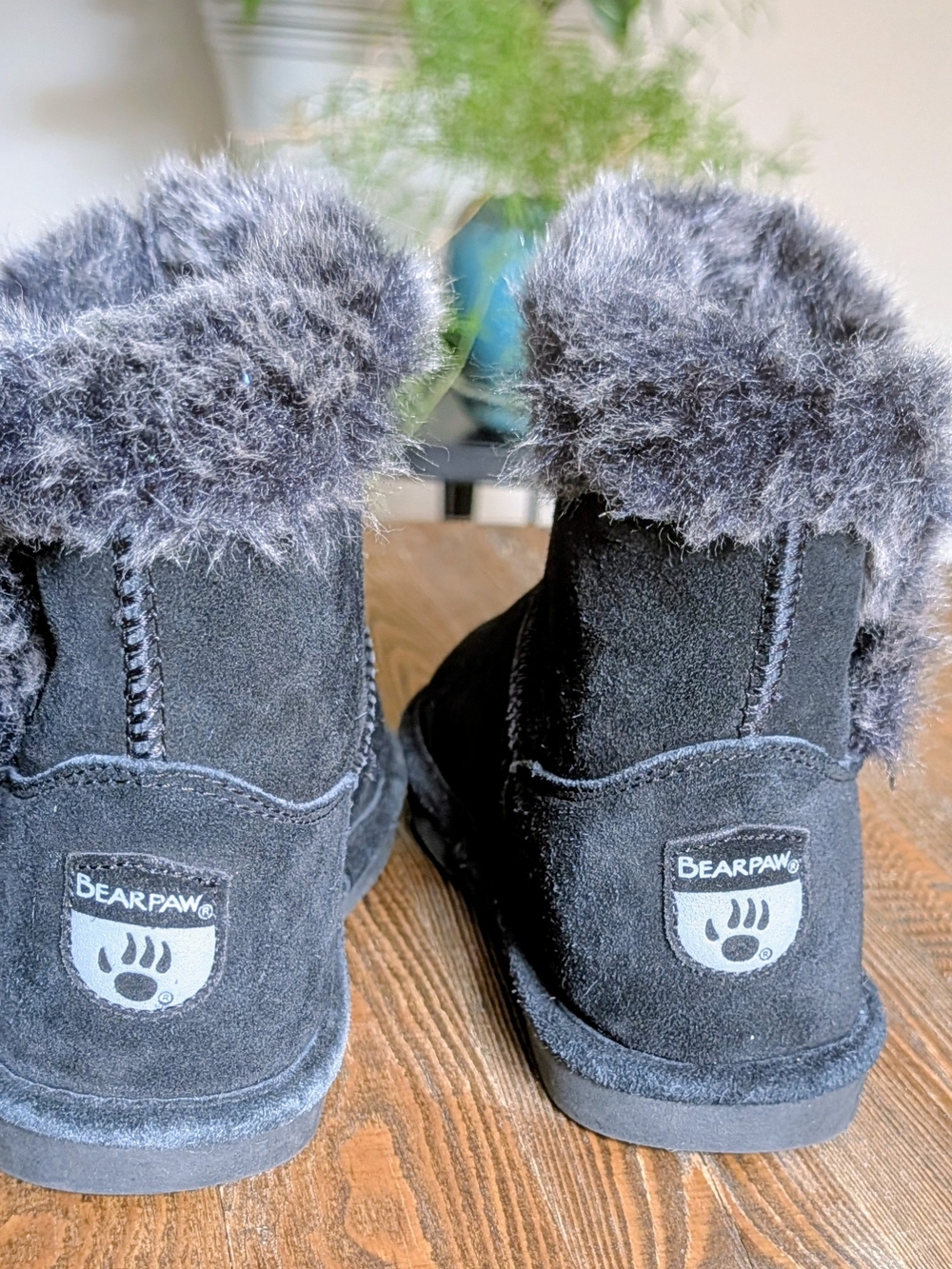 BearPaw Black Suede Ankle Boots with Faux Fur Cuff